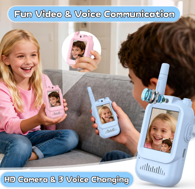 Kids Video Walkie Talkies with Camera (2 Pack) – Real-Time Video Chat, Voice Changer & Rechargeable Long Range , Boys and Girls Ages 3-10